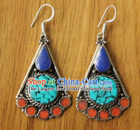 Chinese Traditional Tibetan Nationality Ear Accessories Handmade Decoration Zang Ethnic Dance Blue Earrings for Women