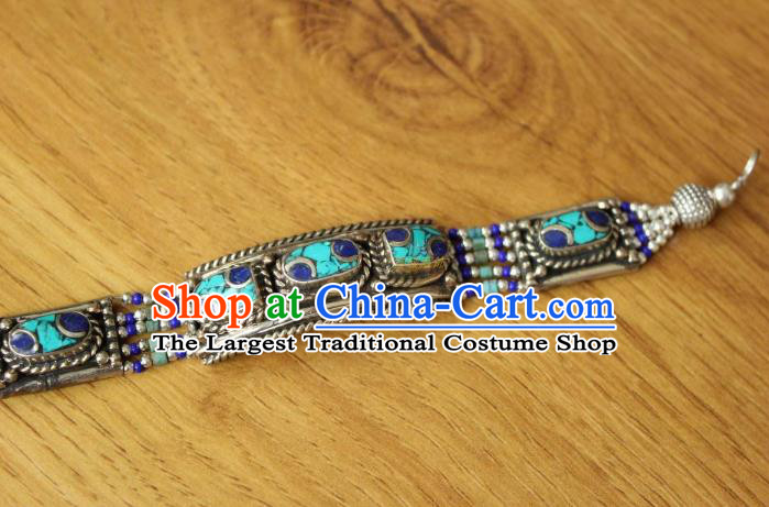 Chinese Traditional Tibetan Nationality Blue Stone Bracelet Jewelry Accessories Decoration Zang Ethnic Handmade Silver Carving Bangle for Women