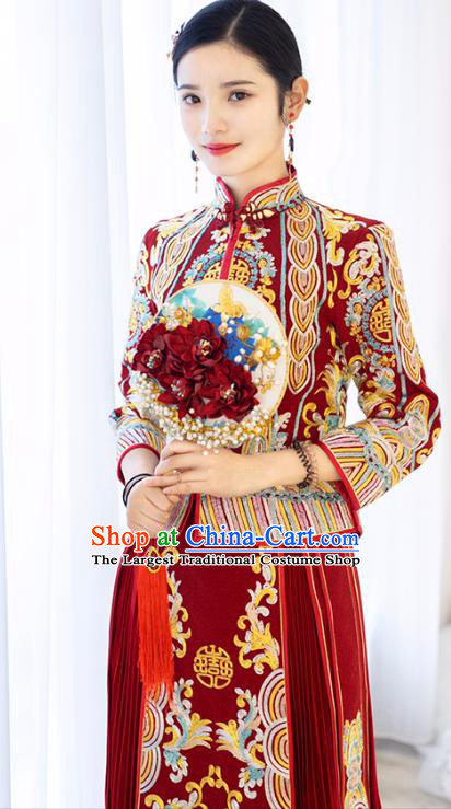 Chinese Traditional Bride Embroidered Red Apparels Blouse and Dress Costumes Wedding Xiuhe Suits for Women