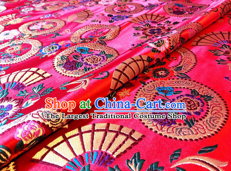 Asian Chinese Traditional Fan Flowers Pattern Design Red Brocade Fabric Cheongsam Silk Tapestry Material