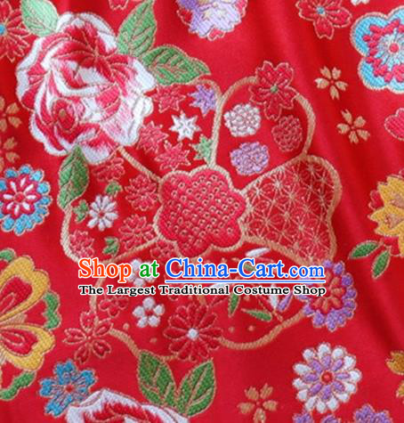 Japanese Traditional Rose Flowers Pattern Design Red Brocade Fabric Nishijin Silk Traditional Asian Yamato Kimono Tapestry Satin Material