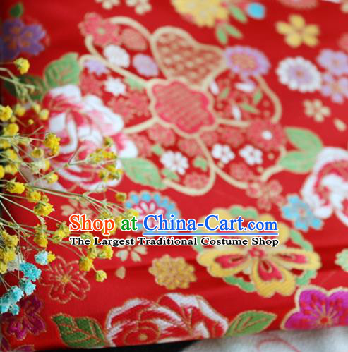 Japanese Traditional Rose Flowers Pattern Design Red Brocade Fabric Nishijin Silk Traditional Asian Yamato Kimono Tapestry Satin Material