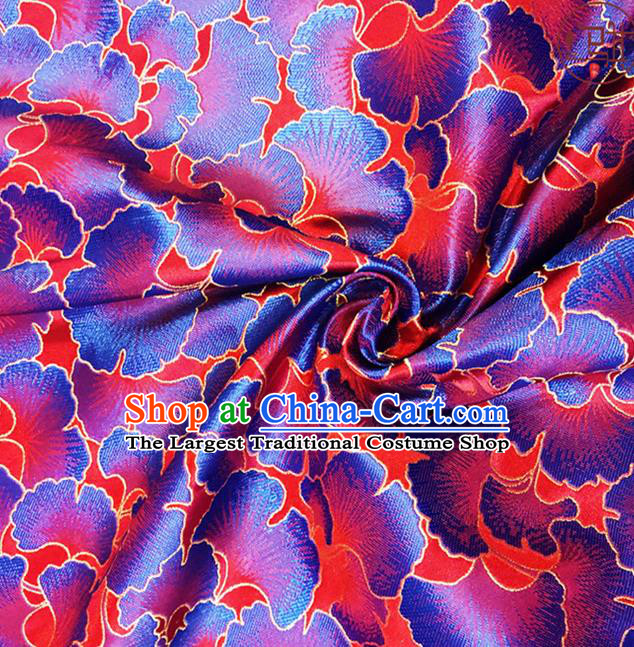 Asian Chinese Traditional Blue Ginkgo Leaf Pattern Design Red Brocade Fabric Silk Tang Suit Tapestry Material