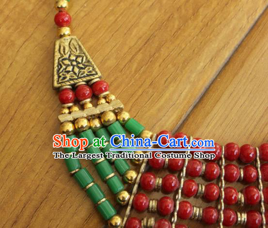 Chinese Traditional Tibetan Nationality Red and Green Beads Jewelry Accessories Decoration Zang Ethnic Handmade Silver Necklace Pendant for Women