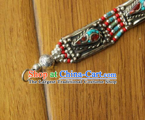 Chinese Traditional Tibetan Nationality Red Crystal Bracelet Jewelry Accessories Decoration Zang Ethnic Handmade Silver Carving Bangle for Women