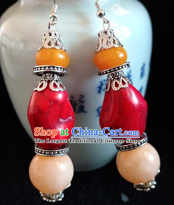 Chinese Traditional Zang Ethnic Red Stone Earrings Tibetan Nationality Ear Accessories Handmade Eardrop Decoration for Women