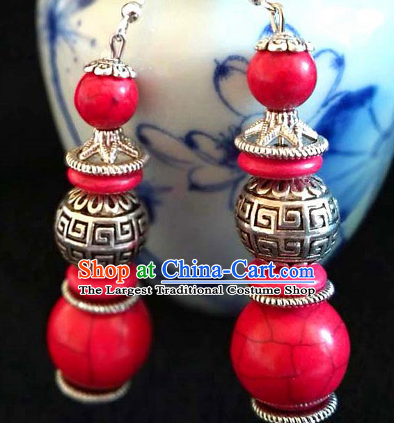 Chinese Traditional Zang Ethnic Red Beads Earrings Tibetan Nationality Ear Accessories Handmade Eardrop Decoration for Women