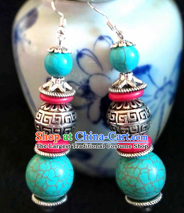 Chinese Traditional Zang Ethnic Blue Beads Earrings Tibetan Nationality Ear Accessories Handmade Eardrop Decoration for Women