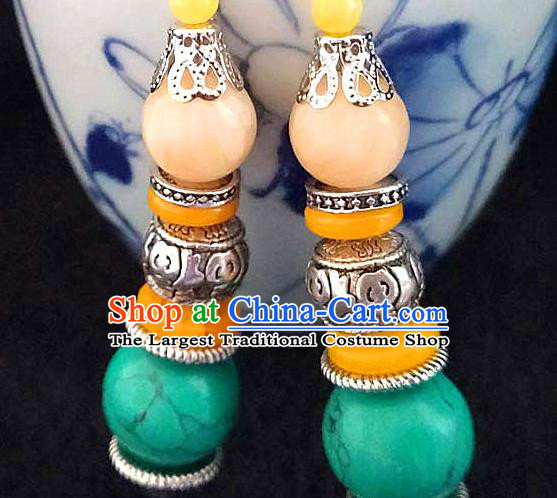 Chinese Traditional Zang Ethnic Blue Beads Beeswax Earrings Tibetan Nationality Ear Accessories Handmade Eardrop Decoration for Women