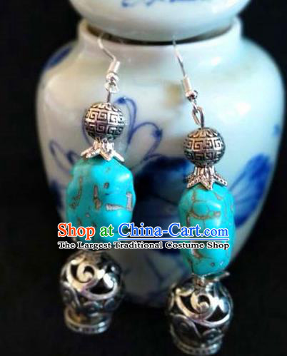 Chinese Traditional Zang Ethnic Silver Earrings Tibetan Nationality Ear Accessories Handmade Blue Stone Eardrop Decoration for Women
