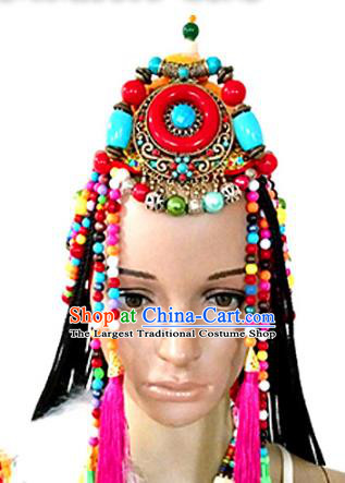 Chinese Traditional Tibetan Nationality Folk Dance Beads Hair Accessories Decoration Handmade Zang Ethnic Bride Wedding Tassel Headwear for Women