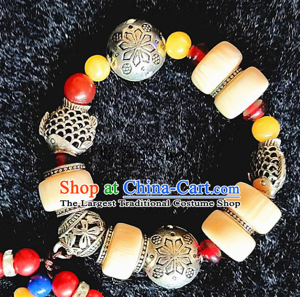 Chinese Traditional Tibetan Nationality Carving Silver Beads Bracelet Accessories Decoration Handmade Zang Ethnic Bangle for Women