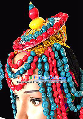 Chinese Traditional Tibetan Nationality Stone Beads Hair Accessories Decoration Handmade Zang Ethnic Bride Wedding Folk Dance Headwear for Women