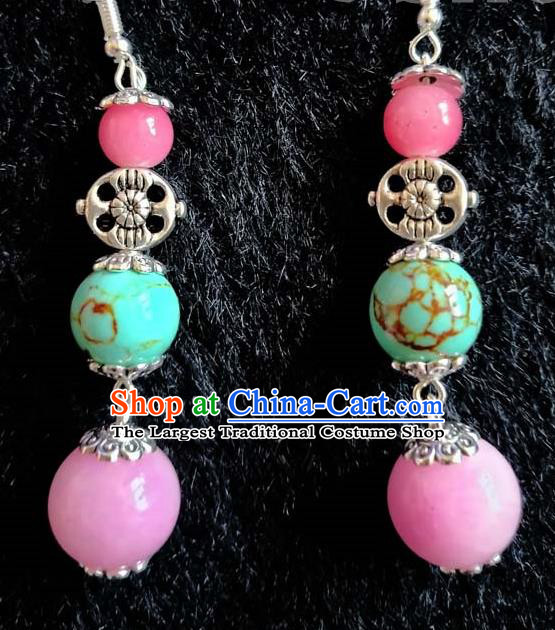 Chinese Traditional Zang Ethnic Pink Bead Earrings Ear Accessories Handmade Tibetan Nationality Eardrop Decoration for Women