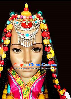 Chinese Traditional Tibetan Nationality Stage Show Hair Accessories Decoration Handmade Zang Ethnic Folk Dance Headdress for Women