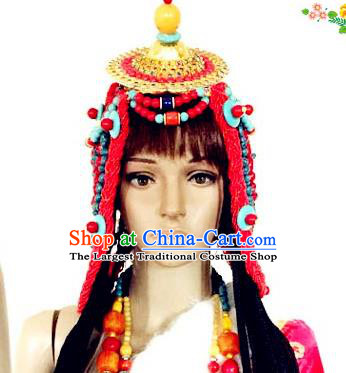 Chinese Traditional Tibetan Nationality Folk Dance Red Sennit Hair Accessories Decoration Handmade Zang Ethnic Stage Show Headdress for Women