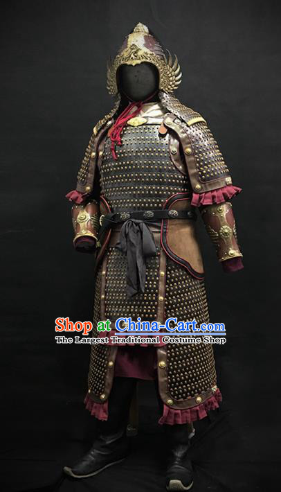 Traditional Chinese Song Dynasty General Iron Leather Body Armor Ancient Warrior Military Officer Costumes and Helmet for Men