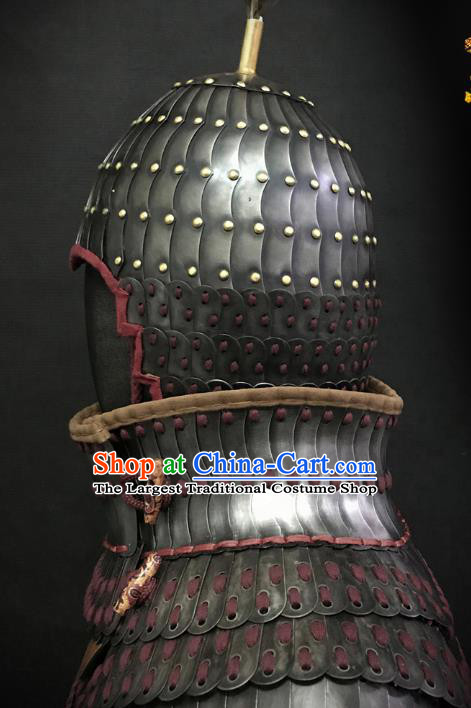 Traditional Chinese Eastern Jin Dynasty General Body Armor Ancient Military Officer Cavalry Costumes and Helmet Full Set