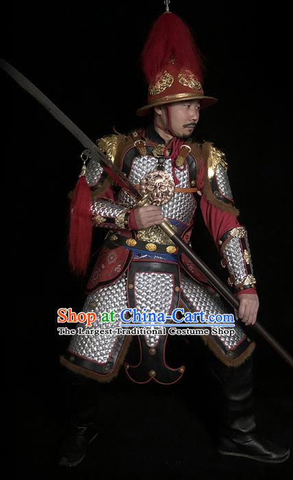 Traditional Chinese Song Dynasty General Argent Body Armor Ancient Cavalry Warrior Costumes and Helmet Full Set