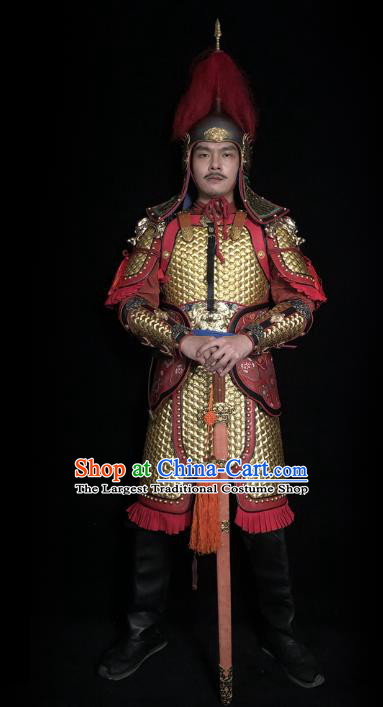 Traditional Chinese Tang Dynasty Military Officer Golden Body Armor Ancient Cavalry Warrior General Iron Costumes and Helmet Full Set