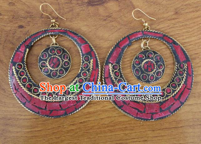 Chinese Traditional Tibetan Nationality Folk Dance Red Ear Accessories Handmade Eardrop Decoration Zang Ethnic Silver Earrings for Women