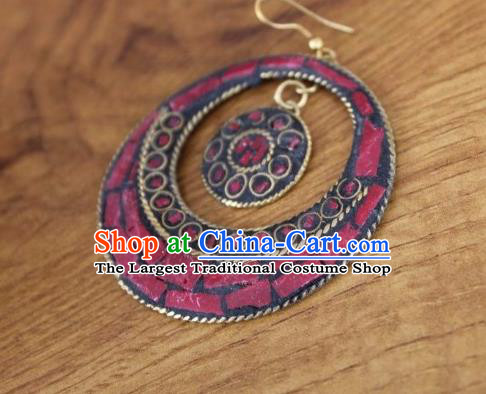 Chinese Traditional Tibetan Nationality Folk Dance Red Ear Accessories Handmade Eardrop Decoration Zang Ethnic Silver Earrings for Women