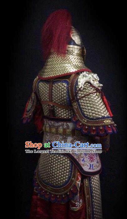 Traditional Chinese Ming Dynasty Imperial Guard Golden Body Armor Outfits Ancient Infantry General Copper Costumes and Helmet Full Set