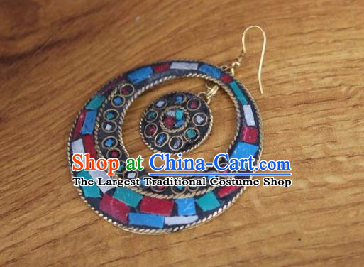 Chinese Traditional Tibetan Nationality Folk Dance Ear Accessories Handmade Eardrop Decoration Zang Ethnic Silver Earrings for Women