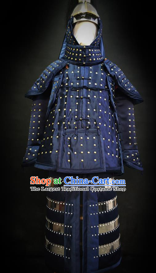 Traditional Chinese Qing Dynasty Emperor Qianlong Blue Satin Body Armor Outfits Ancient General Iron Costumes and Helmet Full Set