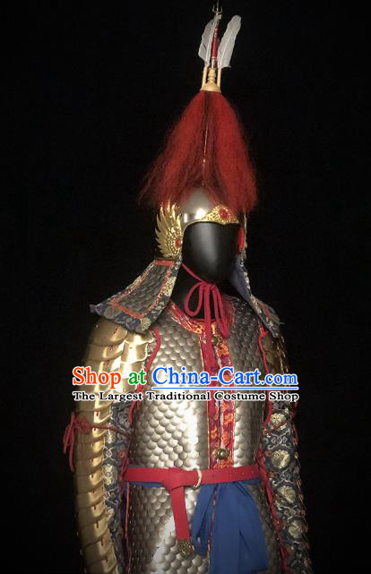 Traditional Chinese Ming Dynasty Imperial Bodyguard Golden Body Armor Outfits Ancient General Iron Costumes and Helmet Full Set