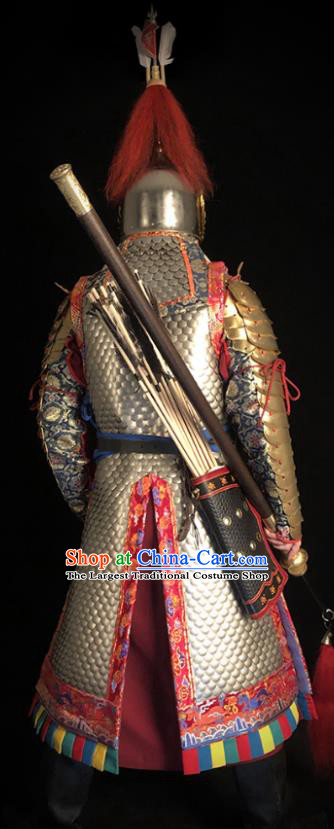 Traditional Chinese Ming Dynasty Imperial Bodyguard Golden Body Armor Outfits Ancient General Iron Costumes and Helmet Full Set