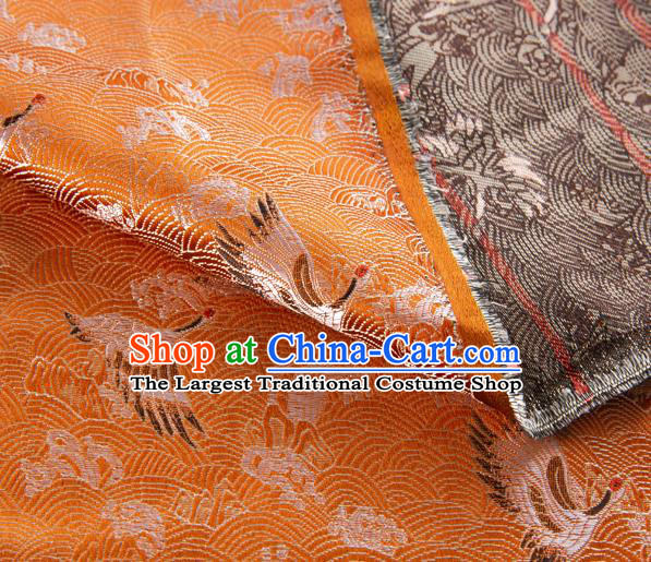 Japanese Traditional Cloud Crane Pattern Design Orange Brocade Fabric Silk Material Traditional Asian Japan Kimono Dress Satin Tapestry