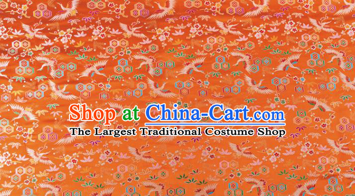 Japanese Traditional Crane Plum Pattern Design Orange Brocade Nishijin Fabric Silk Material Traditional Asian Japan Kimono Tapestry Satin