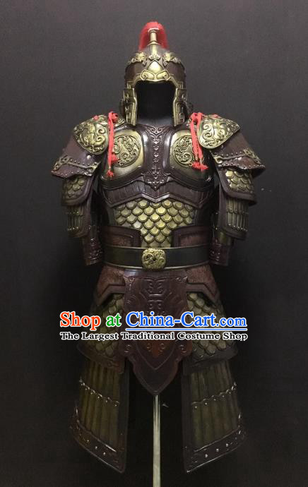 Traditional Chinese Han Dynasty Leather Body Armor Outfits Ancient Film Military Officer General Armour Costumes and Helmet for Men