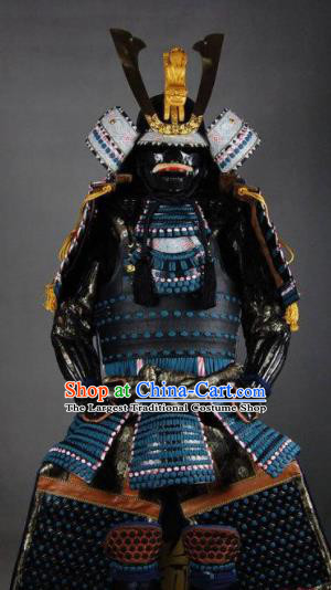 Japanese Traditional General Black Body Armor Outfits Ancient Film Warrior Shogun Armour Costumes and Helmet and Boots Complete Set for Men