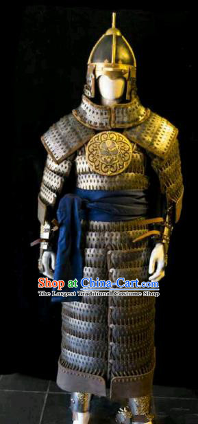 Traditional Chinese Ming Dynasty General Iron Body Armor Outfits Ancient Film Military Officer Armour Costumes and Helmet for Men