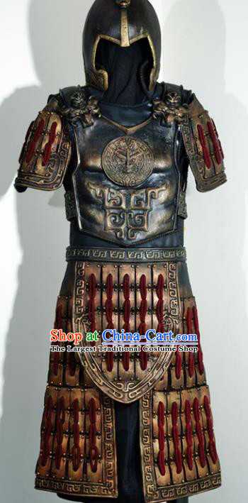 Traditional Chinese Han Dynasty Soldier Body Armor Outfits Ancient Film Military Officer Armour Warrior Costumes and Helmet Full Set