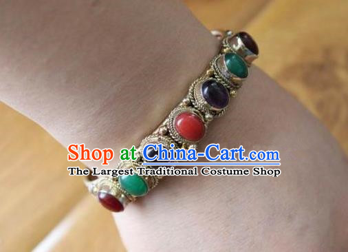 Chinese Traditional Tibetan Nationality Silver Bracelet Jewelry Accessories Decoration Handmade Zang Ethnic Colorful Gems Bangle for Women
