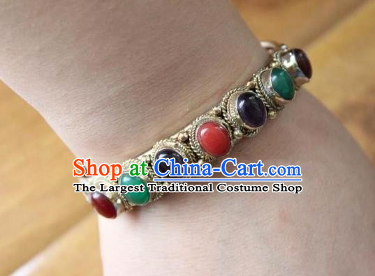 Chinese Traditional Tibetan Nationality Silver Bracelet Jewelry Accessories Decoration Handmade Zang Ethnic Colorful Gems Bangle for Women