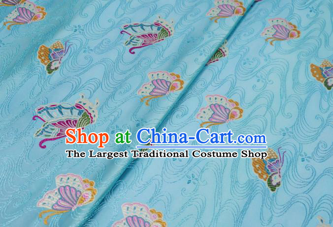 Asian Chinese Traditional Butterfly Pattern Design Light Blue Brocade Silk Fabric Tang Suit Tapestry Wedding Dress Material