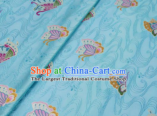 Asian Chinese Traditional Butterfly Pattern Design Light Blue Brocade Silk Fabric Tang Suit Tapestry Wedding Dress Material