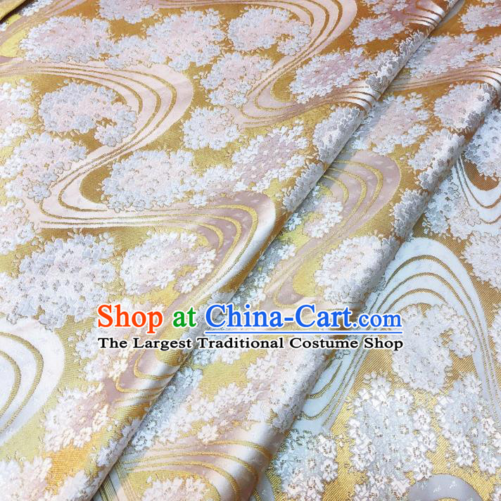 Japanese Traditional Sakura Pattern Design Golden Nishijin Brocade Fabric Silk Material Traditional Asian Yamato Kimono Satin Tapestry
