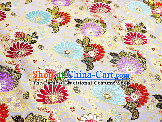 Japanese Traditional Daisy Pattern Design Beige Nishijin Brocade Fabric Silk Material Traditional Asian Japan Kimono Satin Tapestry