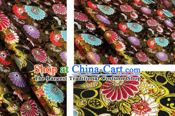 Japanese Traditional Daisy Pattern Design Black Nishijin Brocade Fabric Silk Material Traditional Asian Japan Kimono Satin Tapestry