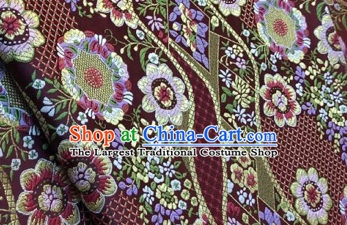 Japanese Traditional Flow Flowers Pattern Design Purplish Red Nishijin Brocade Fabric Silk Material Traditional Asian Japan Kimono Dress Satin Tapestry