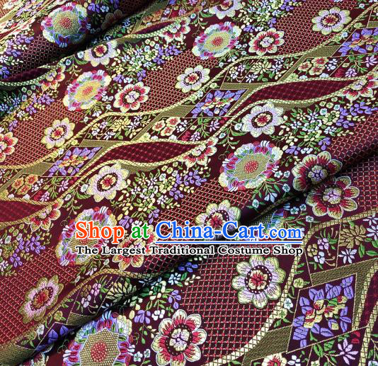 Japanese Traditional Flow Flowers Pattern Design Purplish Red Nishijin Brocade Fabric Silk Material Traditional Asian Japan Kimono Dress Satin Tapestry
