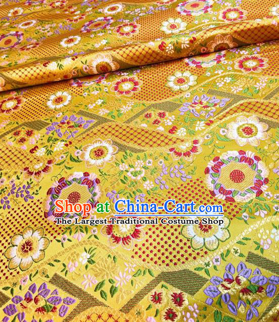 Japanese Traditional Flow Flowers Pattern Design Yellow Nishijin Brocade Fabric Silk Material Traditional Asian Japan Kimono Dress Satin Tapestry