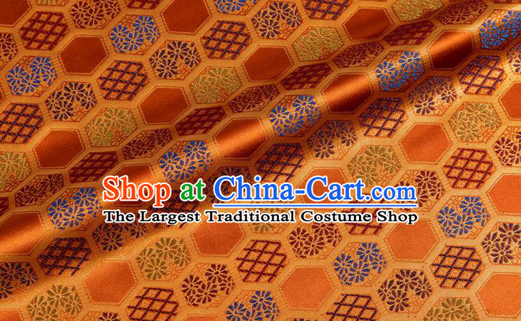 Japanese Traditional Hexagon Daisy Pattern Design Orange Brocade Nishijin Fabric Silk Material Traditional Asian Japan Kimono Tapestry Satin