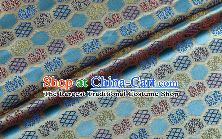 Japanese Traditional Hexagon Daisy Pattern Design Blue Brocade Nishijin Fabric Silk Material Traditional Asian Japan Kimono Tapestry Satin