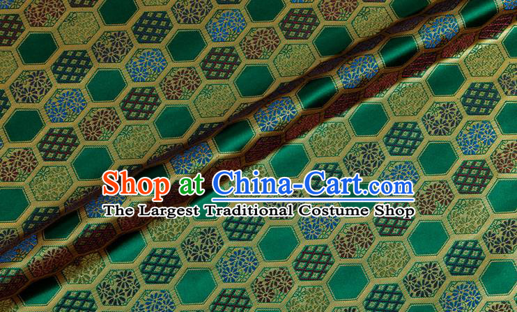 Japanese Traditional Hexagon Daisy Pattern Design Green Brocade Nishijin Fabric Silk Material Traditional Asian Japan Kimono Tapestry Satin
